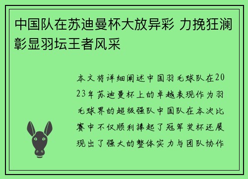 中国队在苏迪曼杯大放异彩 力挽狂澜彰显羽坛王者风采