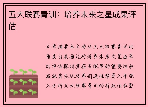 五大联赛青训：培养未来之星成果评估
